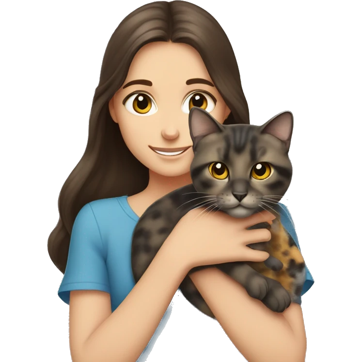 blue-eyed brunette girl holds gray yellow-eyed tortoiseshell cat in her arms emoji