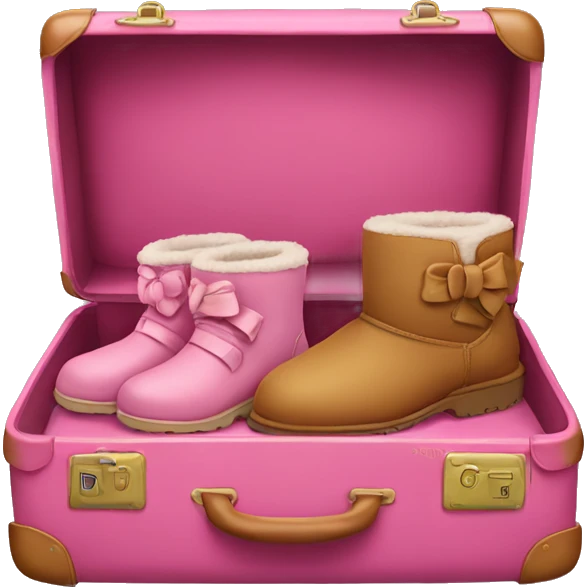 Rosa suitcase with a uggs on top of the suitcase. The Uggs having a rosa bow on them  emoji