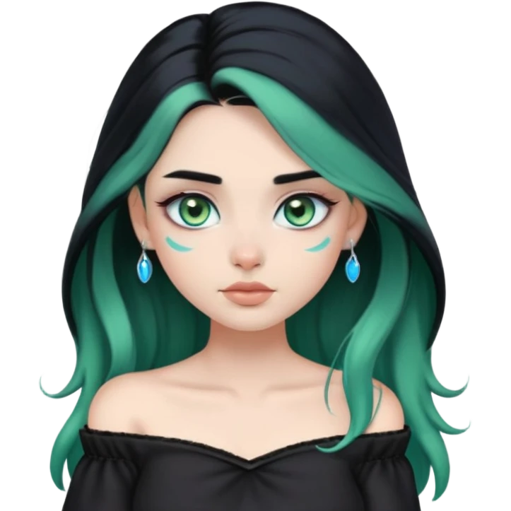 a soft, dolllike emoji girl with light sage green skin and big green-blue eyes, long black hair that swoops gently at the ends, a tiny silver nose stud and a eyebrow piercing on the left side. off the shoulder black top that shows her collarbones emoji