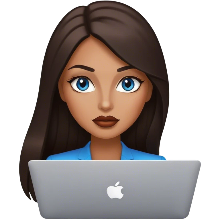 Glamours tanned very beautiful girl with pump lips and dark chocolate straight smooth long hair, blue-grey eyes with MacBook emoji