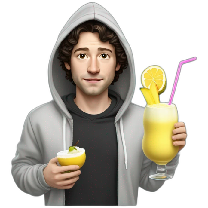 Bighead josh brener from silicon valley in hoodie, holding a pina colada,, hyper realistic emoji