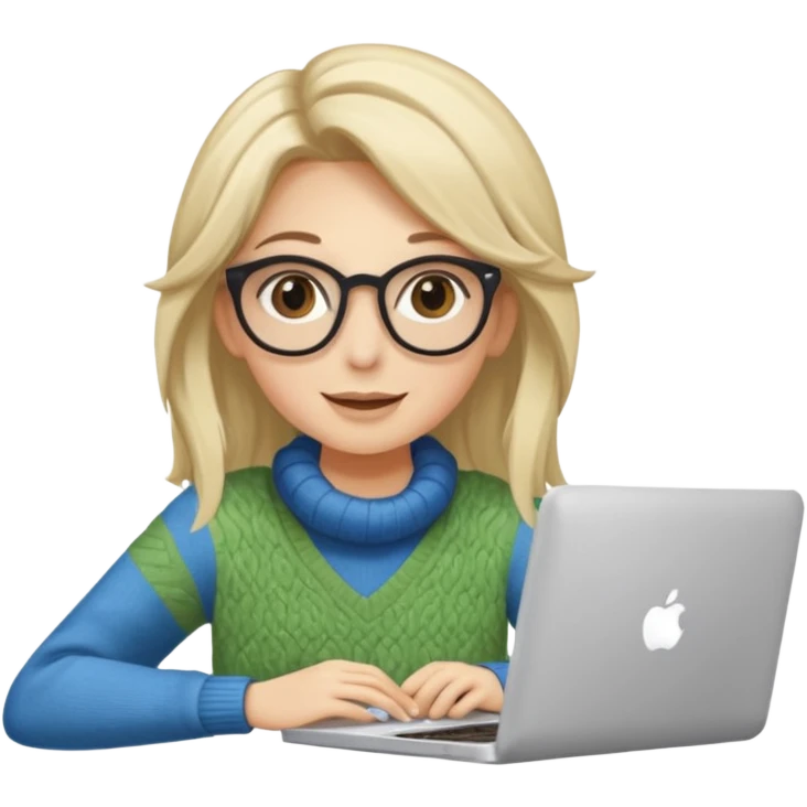 ragazza bionda sorridente con capelli lunghissimi, con occhiali tartarugati, occhi azzurri, con maglione beige, seduta alla scrivania che lavora al pc emoji