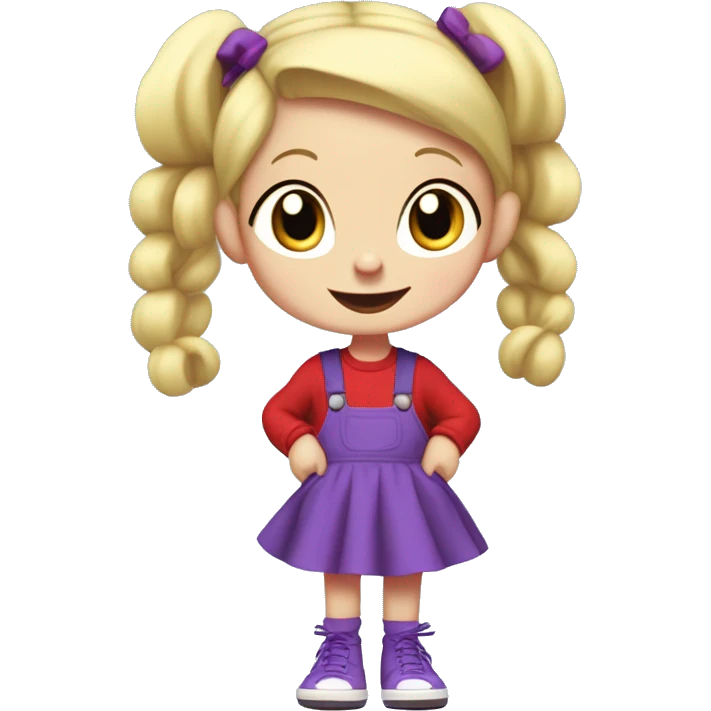 A little blonde girl with pigtails and little purple bows wearing a red long-sleeved shirt and purple overalls skirt with blue tights with green polka dots and purple sneakers, full body, rugrats emoji