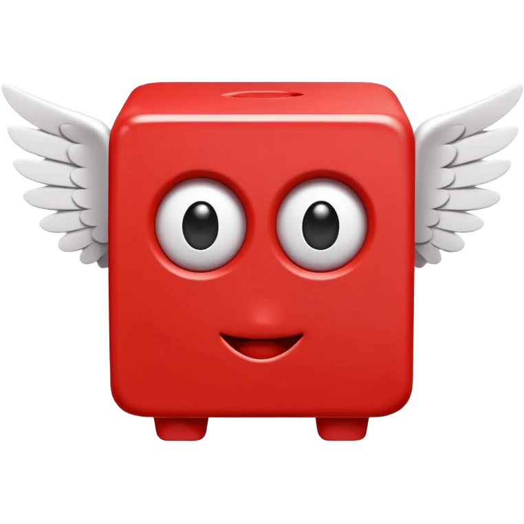 playful red cube figure with white accents, featuring large cartoonish eyes with question marks, a smiling mouth, and small wings attached to its sides emoji