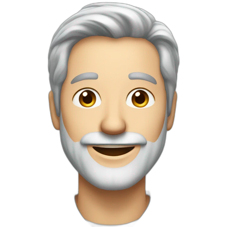 grey haired man, in grey casual suit, grey beard. smiling hard emoji