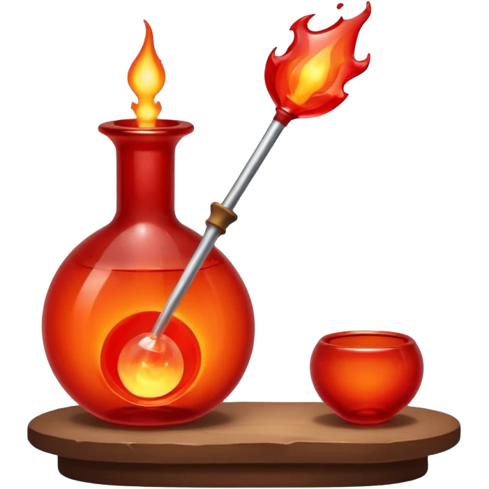 Glassblowing and casting icon, molten glass being shaped into a delicate object with a blowpipe, glowing red-hot glass being poured into a mold, unfinished glass sculpture, minimalistic style, clean lines, transparent background. emoji