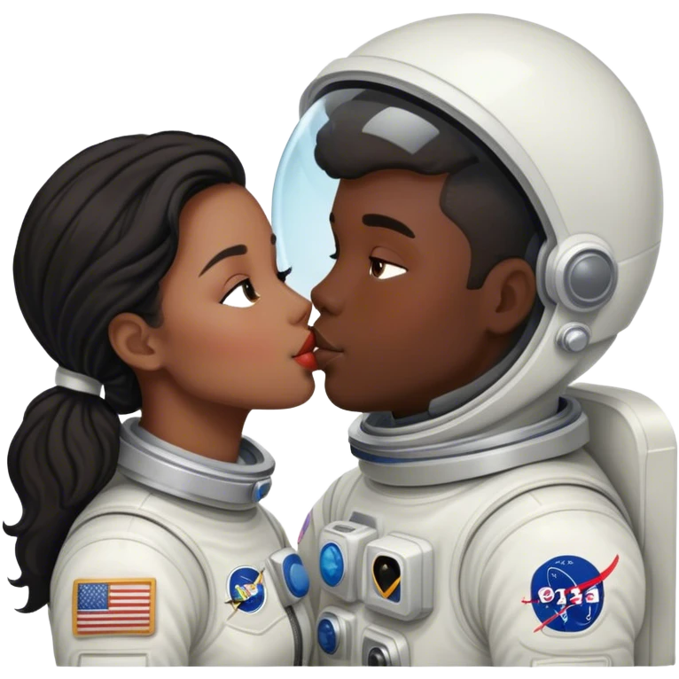 White male & black female astronauts kissing emoji