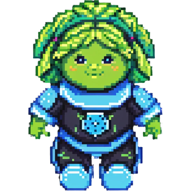 Cabbage Patch Kid as Tron character in 80's pixel art arcade style with vibrant neon colors emoji