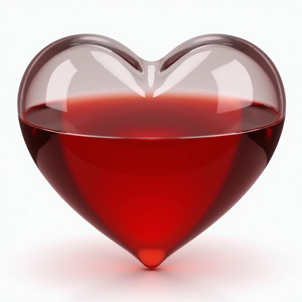 a clear, glossy heart shape, half filled with deep red liquid, realistic and reflective emoji