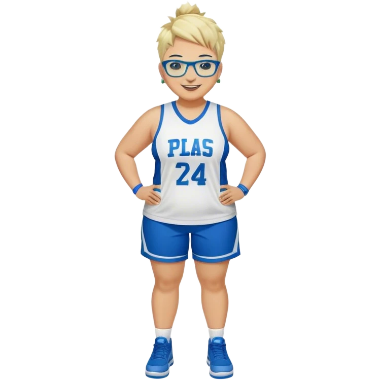 Full Body plus size white female with short spike hair wearing blue glasses basketball player wearing blue green uniform smiling emoji
