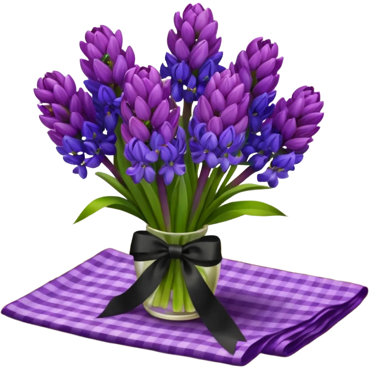 A lush bouquet of bright prple color Hyacinths black satin ribbon, resting on an antique wooden table, with a pale yellow and pink plaid pattern table cloth emoji