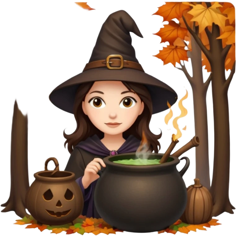 Pretty Brunette Witch in forest with cauldron with trees during autumn  emoji