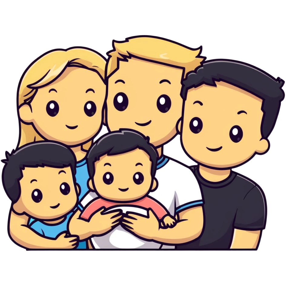 family with blond dad, brunette mom, blonde son, daughter with black hair, and a baby emoji