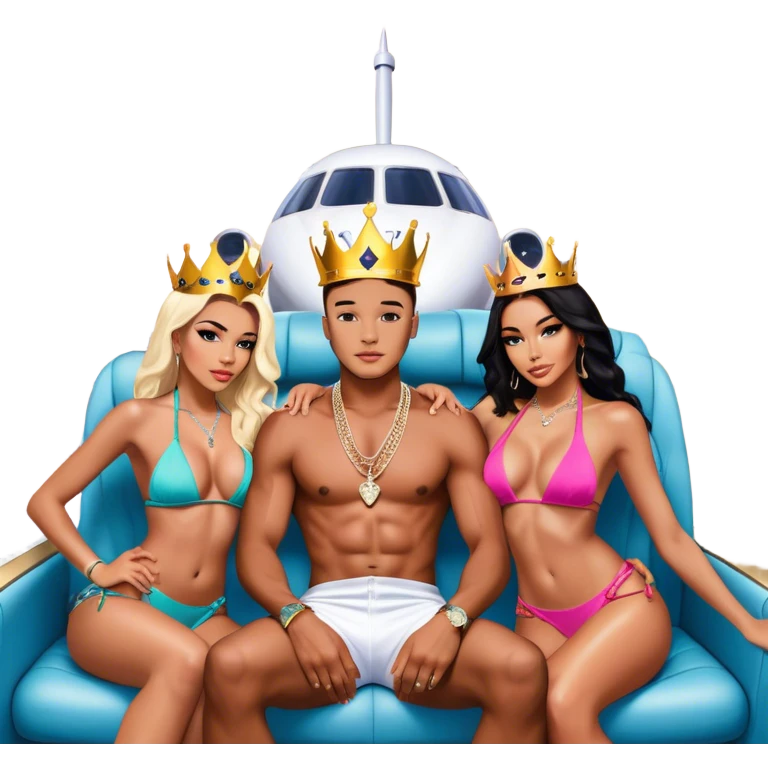 Josh King Madrid Wearing a crown, surrounded by 3 gorgeous Instagram bikini models famous for their body work with dr Miami who are hugging him and sitting on his lap fighting for his attention , Jetset wearing tons of diamond chains , sitting in private jet , windows open in background with clouds  emoji