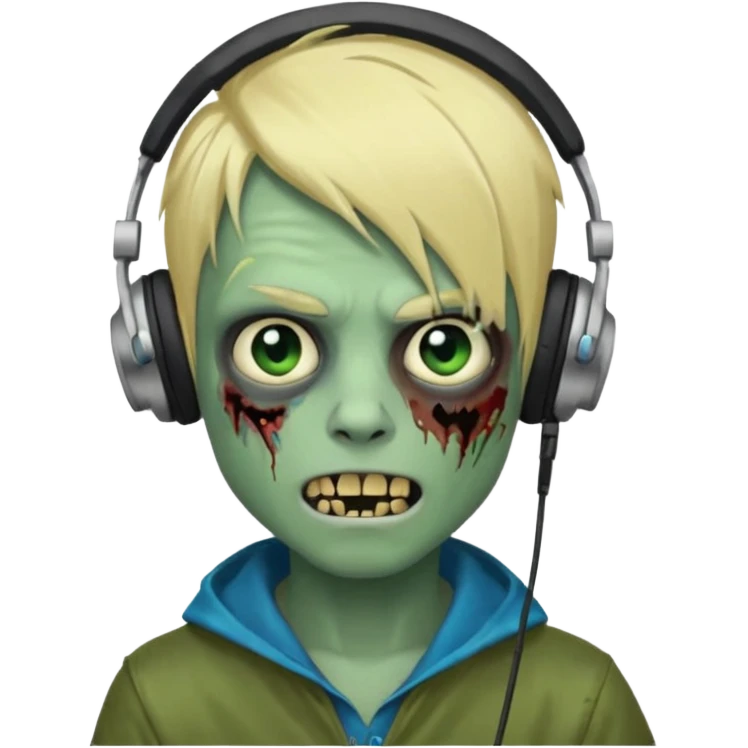 boy zombie whit blonde emo hair and eyes blue and GREEN SKIN and heandphones AND A MICROFONE and gold teeth emoji