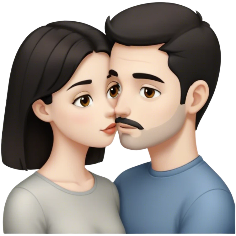 beautiful pale brunette girl with brown eyes kisses pale man short black hair tiny beard grey eyes emoji
