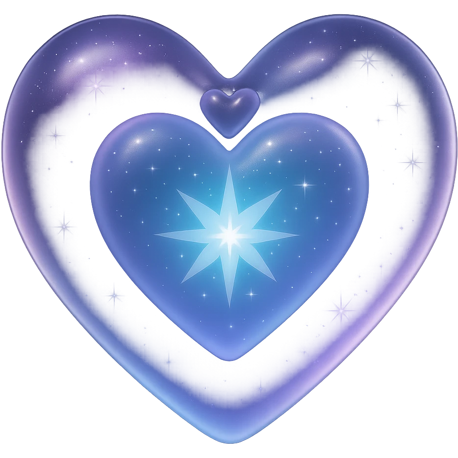 Add tiny sparkling stars inside the heart, keep the sparkly glossy pastel purple iridescent glass crystal nebula glass heart style, no background. emoji