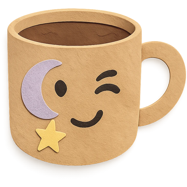coffee cup with pastel moon and star doodles, winking, hand-drawn style emoji