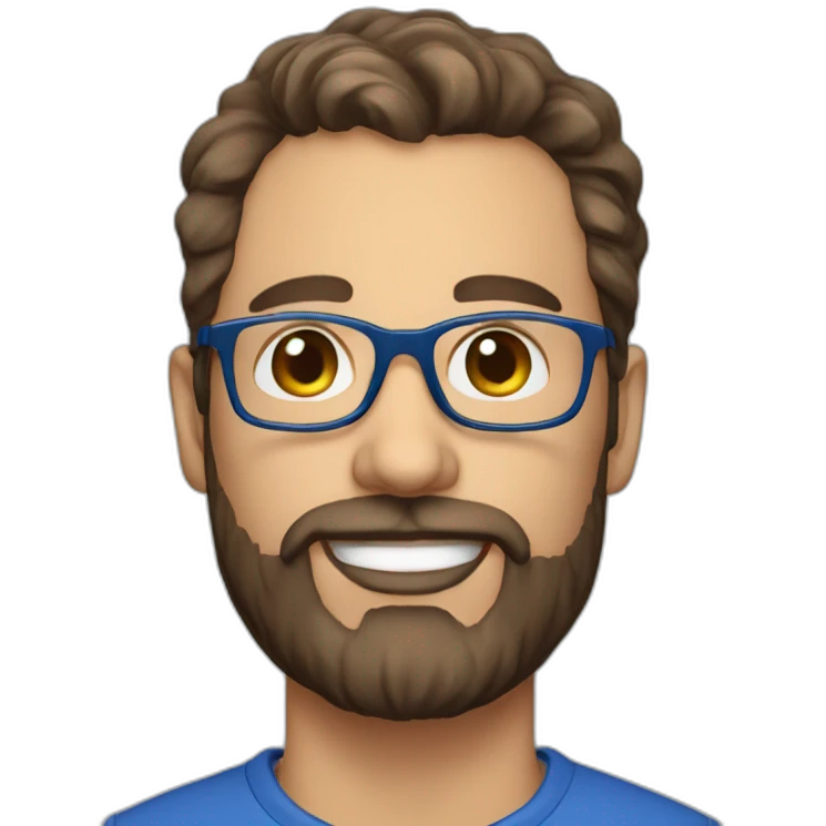 man 41 years old, tiny beard, brown hair with silver with blue glasses, french emoji