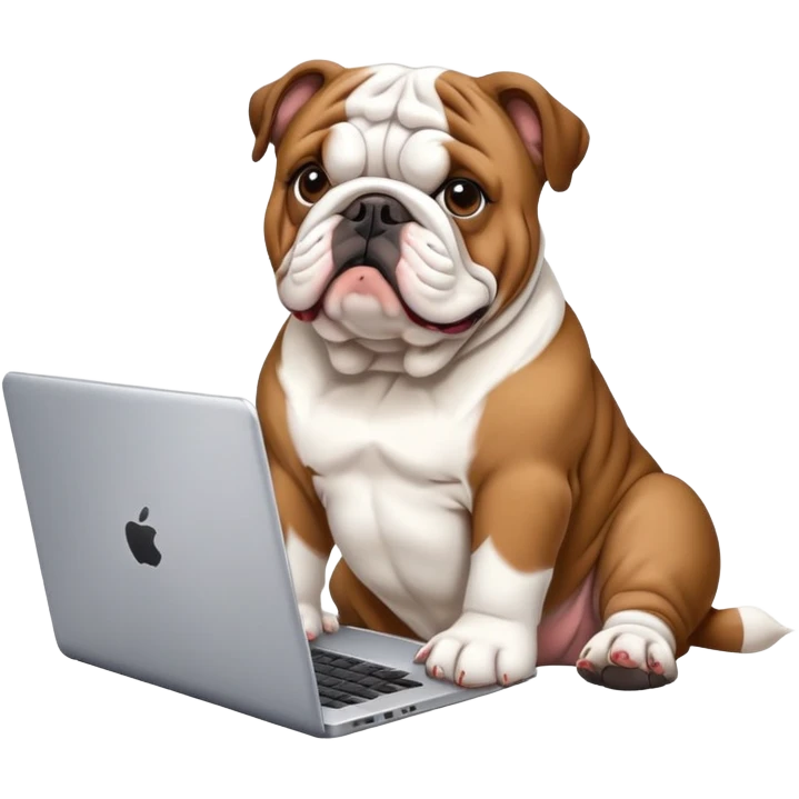 English bulldog sitting with a laptop emoji