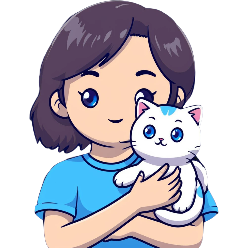 Cute Asian girl cradling a ragdoll cat with blue eyes and light colored fur with darker points emoji