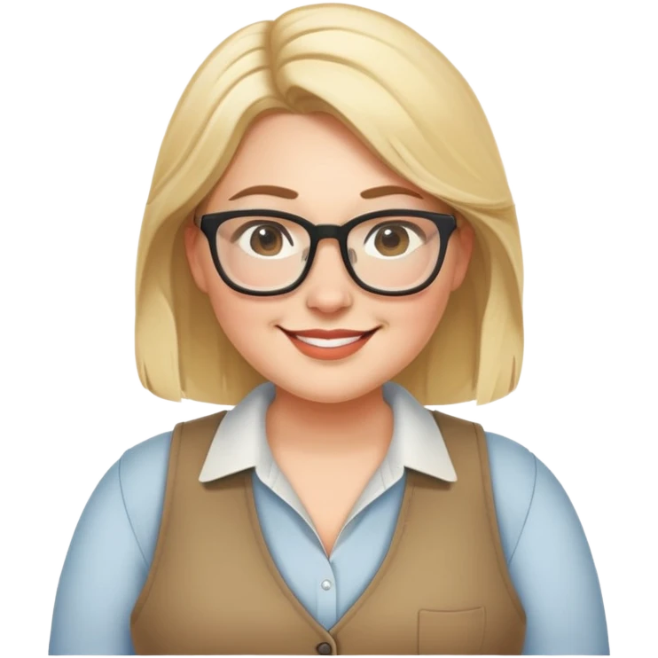 Plus size blonde woman wearing glasses and a vest, friendly smile emoji