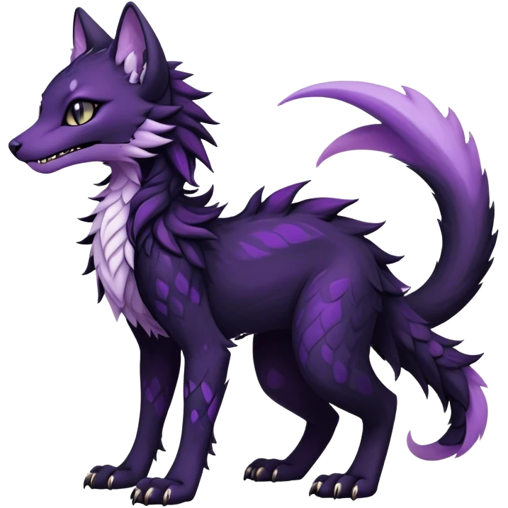 Kawaii dark black purplish blackish edgy fantasy ethereal feline-vernid-sergal-fursona animal creature with a tufted tail full body with intricate markings  emoji