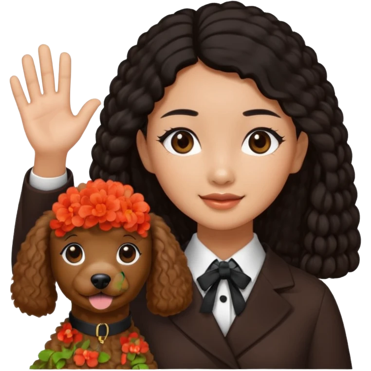 Asia tie up hair girl with brown poodle say good bye emoji