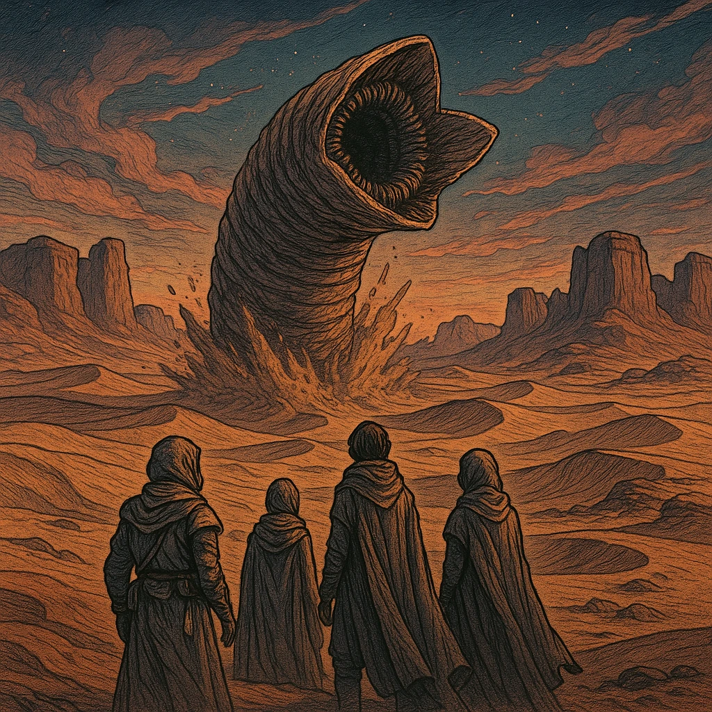 Arrakis planet from Dune, with a sandworm bursting out of the ground in the midground, three people standing in the foreground, rock formations in the background, and a dusk sky, in a detailed illustrative style emoji