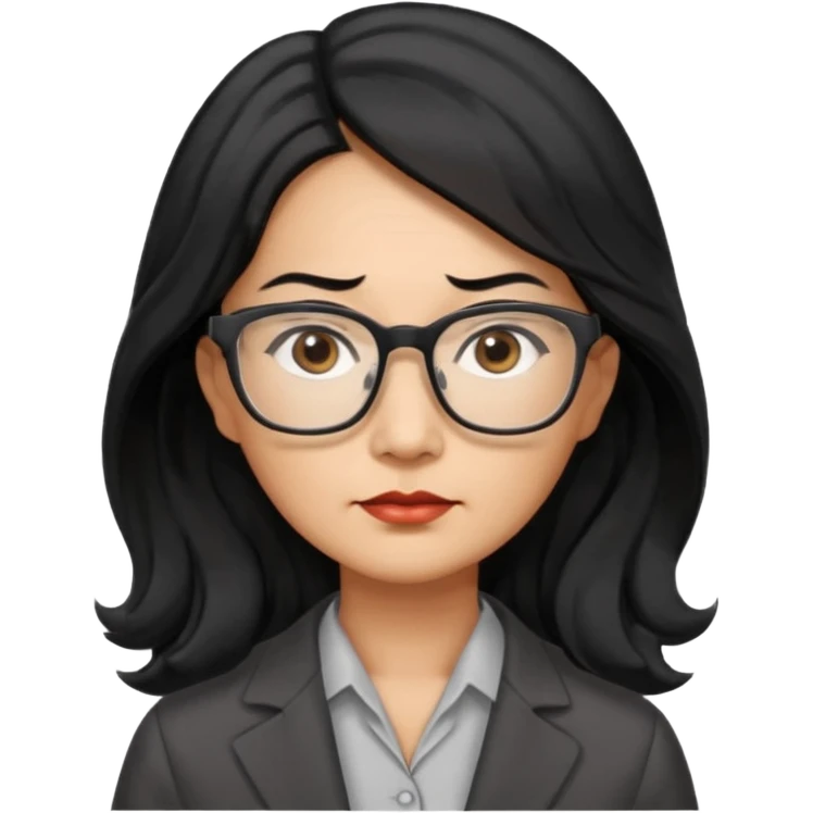 middle-aged Asian woman, long wavy hair, small rectangular metal glasses, serious expression, manager emoji