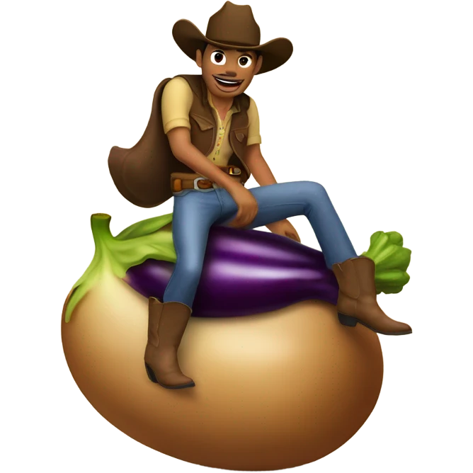 A cowboy riding an eggplant emoji