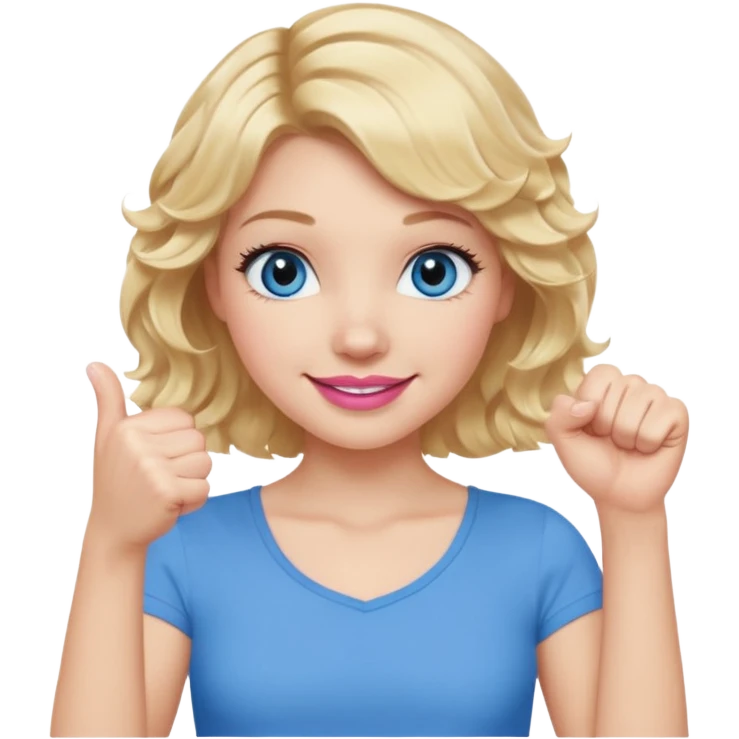 Girl Blonde short wavy hair,  blue eyes, cute blue top, long lashes, pink lips, smiling, fist bump emoji