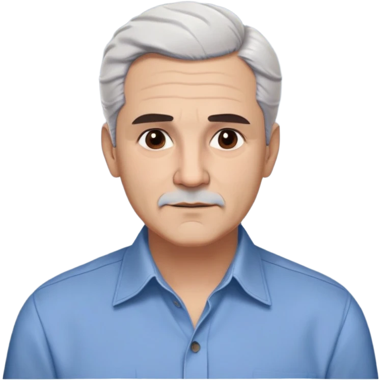 Puerto Rican actor René Monclova with round face, wide jaw, light skin. Expressive dark brown eyes, thick eyebrows. Short gray/white hair with receding hairline. Clean-shaven. Friendly expression. Wearing a dark button-down shirt. Distinguished older man with charismatic appearance. emoji