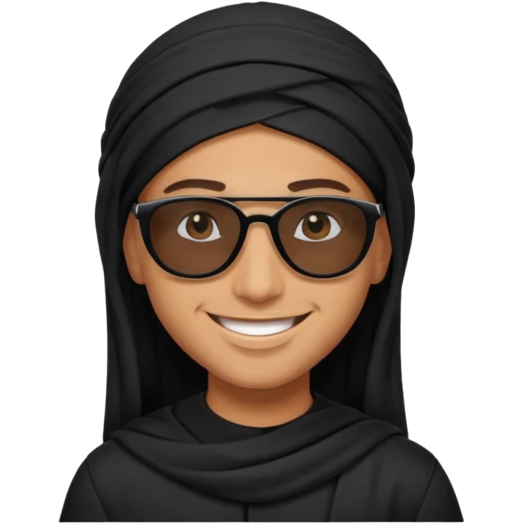 Un árabe con tu ropa negra y con gafas de sol negras que sonria emoji