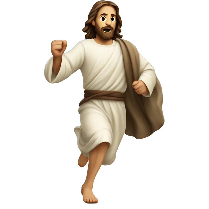 Jesus running quickly, determined face, with a large stride emoji