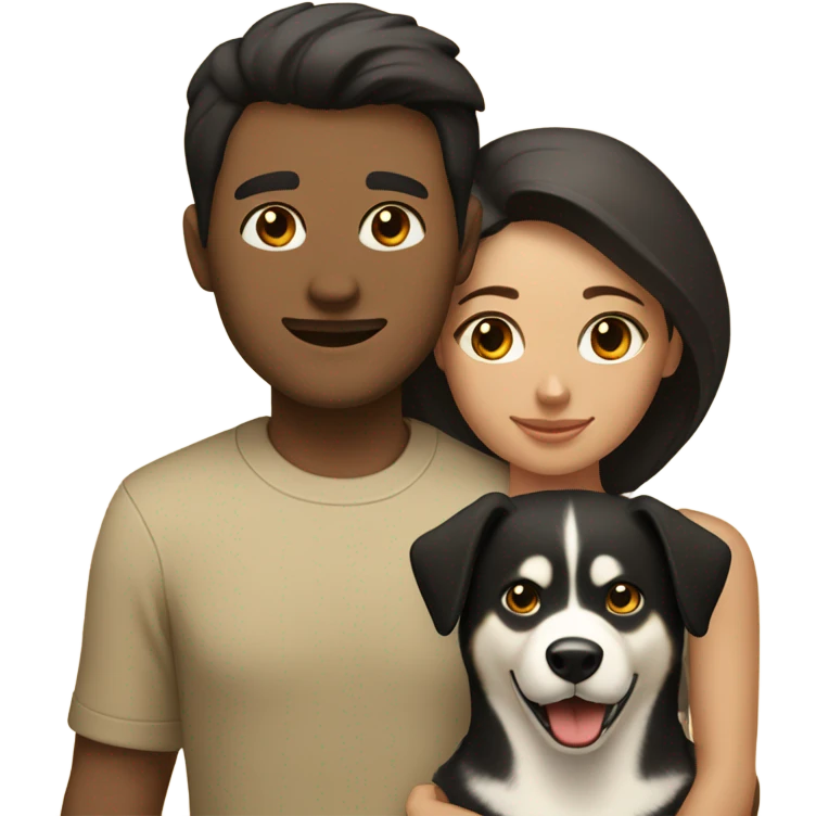A couple man and woman Both have dark hair, with in the middle of them. A Husky. Golden beige emoji