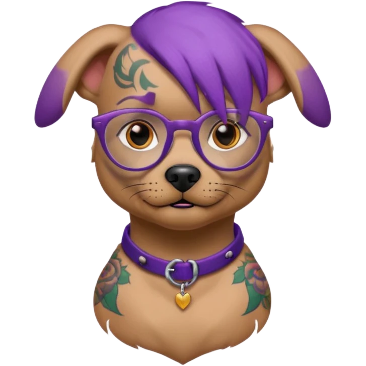 tattooed dog with heavy face tattooes and glassess, purple haired emoji
