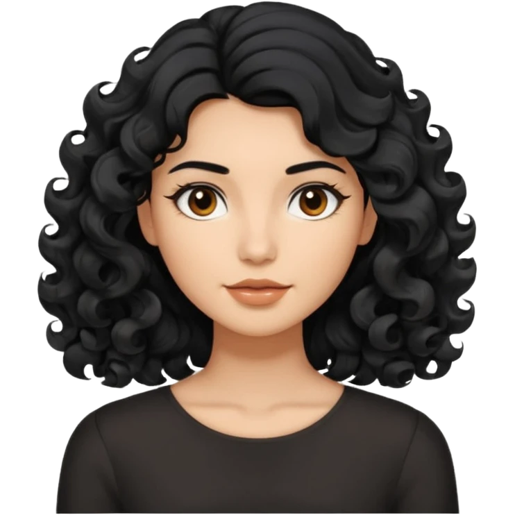 This avatar has shoulder-length black hair styled in large, wavy curls that frame the face, giving a soft and natural look. emoji