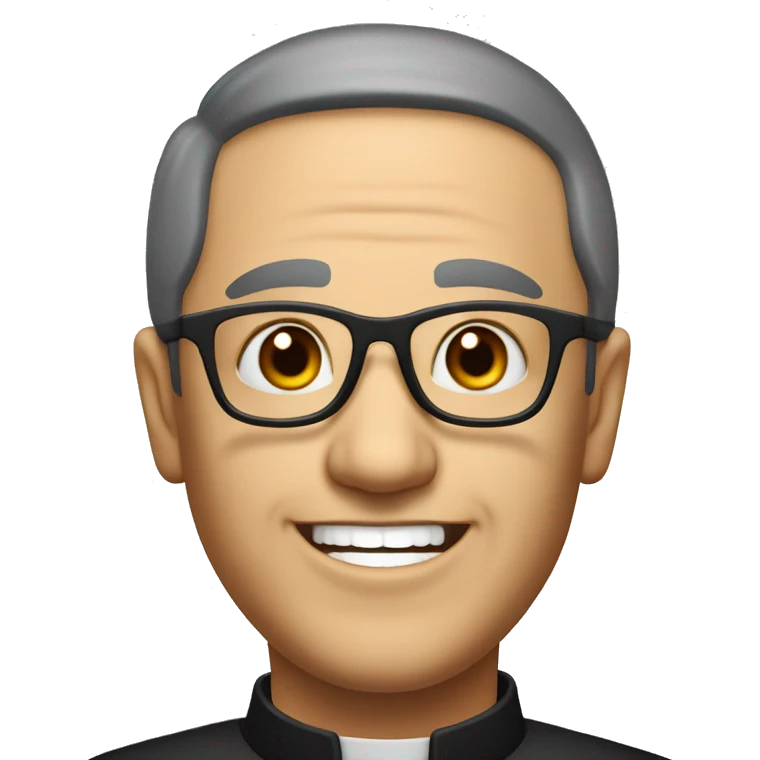 old catholic priest with black hair, smiling with teeth and glasses, no beard or mustache emoji