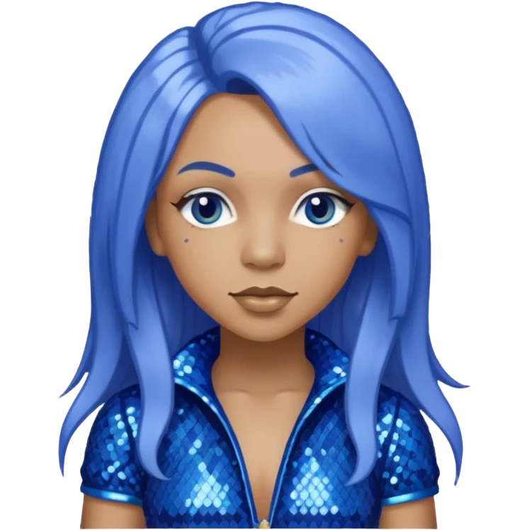 Spice, Dancehall Singer with long periwinkle hair, blue sequin outfit emoji