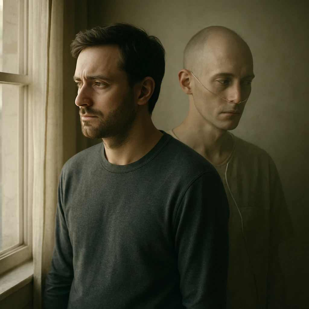 A man standing by a window in a softly lit room, looking out with a pensive expression. Behind him, a faint double exposure shows a version of himself shaped by illness, symbolizing a 'what if' life. Cinematic, emotional realism, symbolic duality, soft light, hyperrealistic 4K. emoji