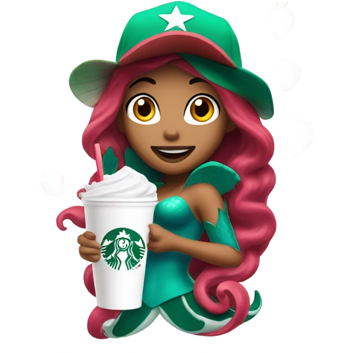 Ariel the mermaid with u Penn hat and air pods in and Starbucks strawberry açaí refresher emoji
