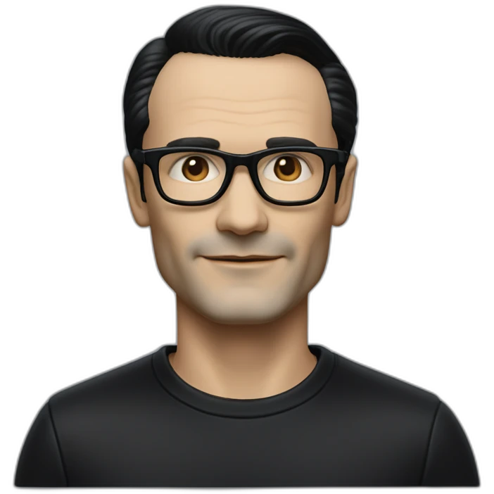 small photo realistic Ralf Hutter from Kraftwerk, short straight black hair, Dark Brown eyes, black glasses, thin, black shirt, side view, waving, in open top black tesla emoji