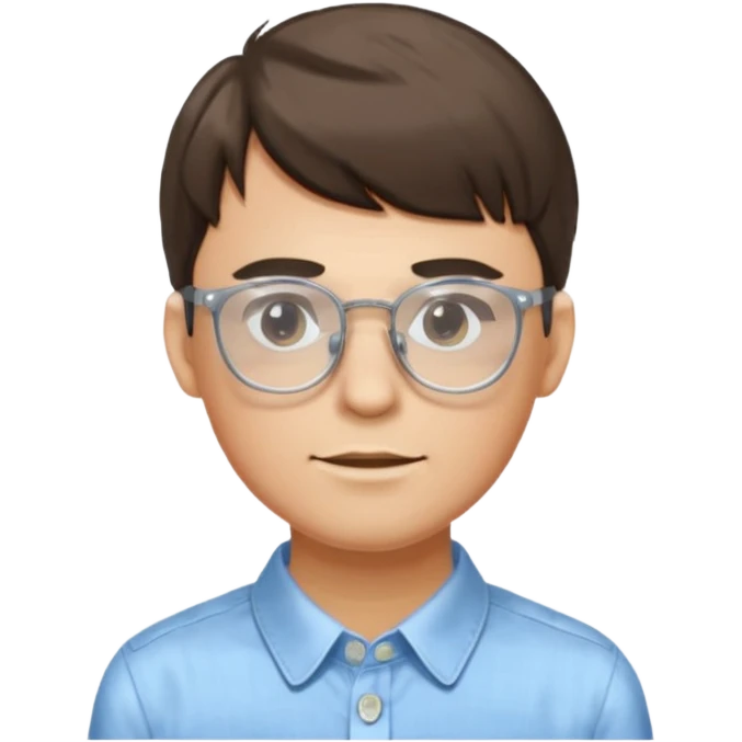 A man who have a glasses transparent. And have a bangs and have a button shirt. emoji
