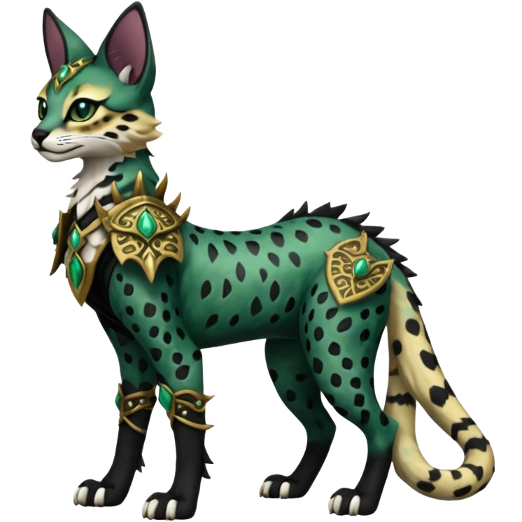 Epic complex detailed dark dusky gloomy deep gothic dark-deep-green, black, realistic Fakémon-Sprigatito-Floragato-Meowscarada-Trico-Sergal-Serval-Vernid-creature (full body) emoji