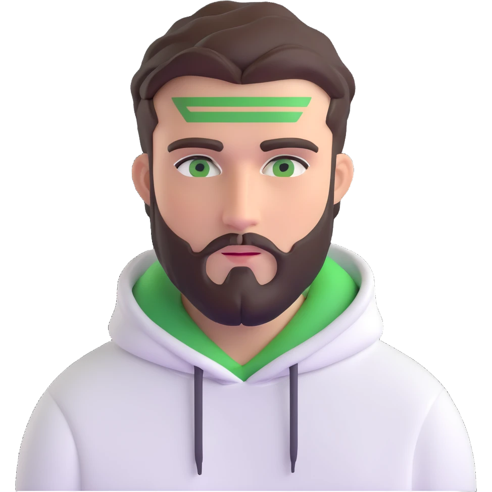 man with short full beard, dark brown undercut hairstyle, white hoodie, and green eyes emoji