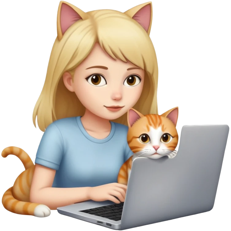 A girl is working on a laptop with a cat lying next to it emoji