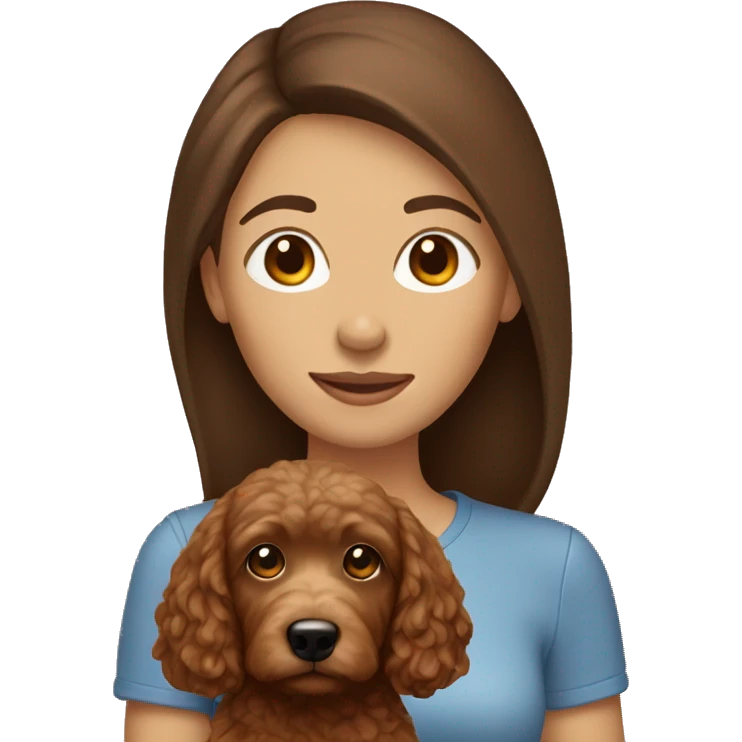 woman with straight brown hair holding a brown mini golden doodle emoji