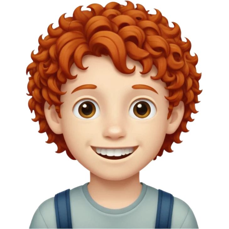 redhead kid with unique face features and very curly hair kid boy happy and braces on teeth emoji