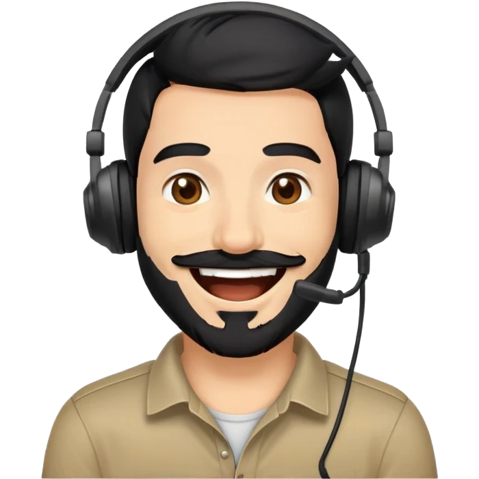 laughing man with black hair, brown eyes, black beard wearing gaming headset emoji